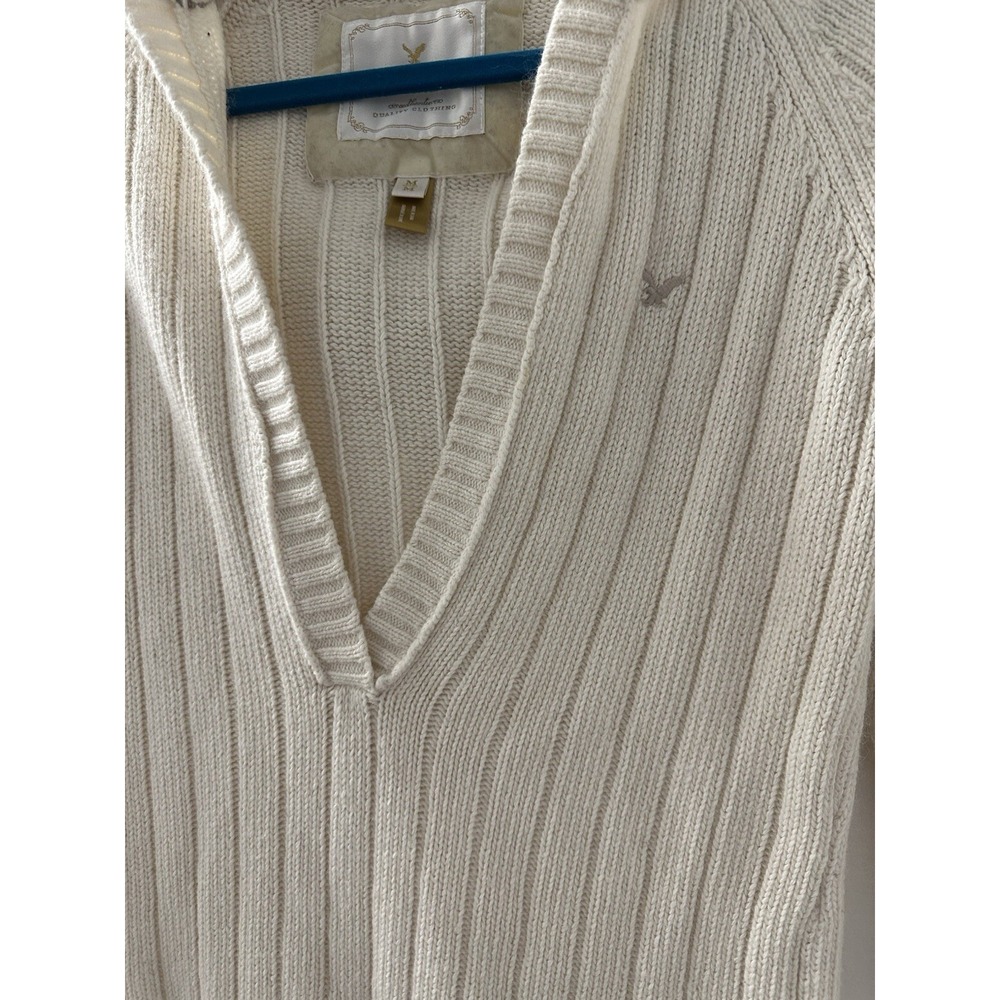 American Eagle Women's Knit Sweater Hooded Beige Y2K Size M - Picture 2 of 12